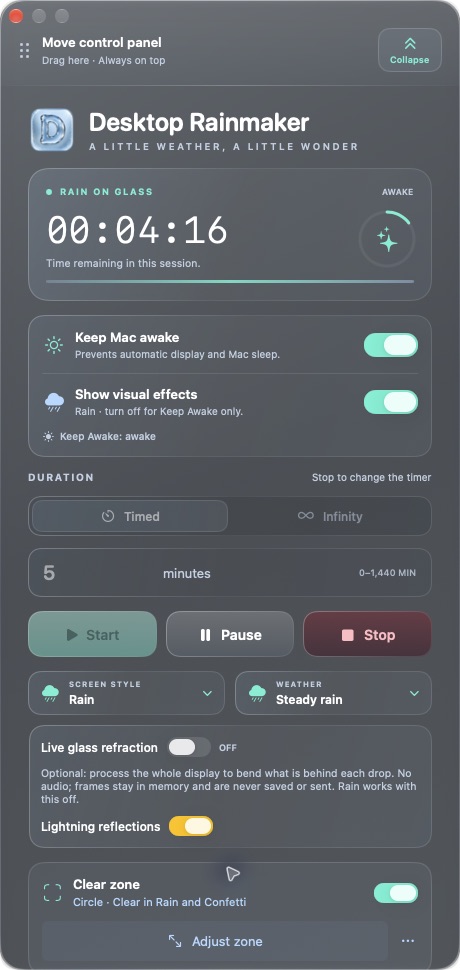 Actual Desktop Rainmaker control panel with its shared timer, Visuals, Keep Awake, Rain weather and effect controls, including Clear zone